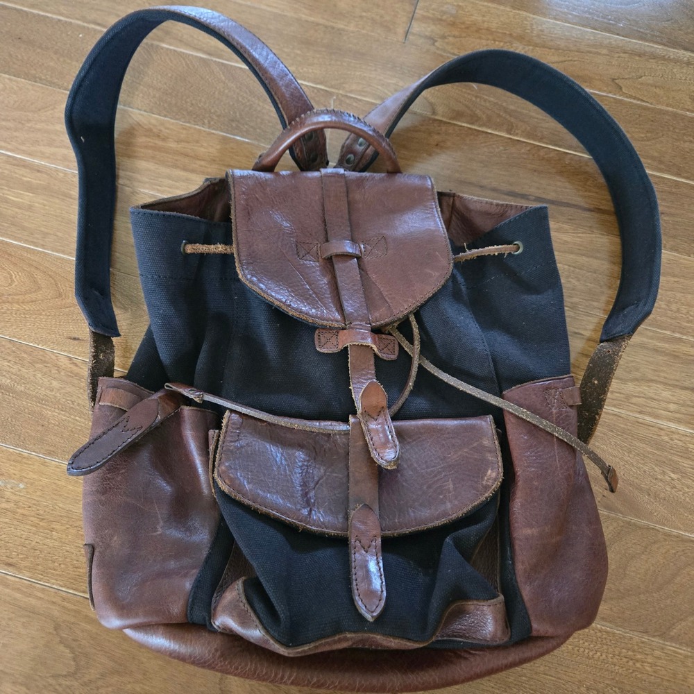Will Leather Goods Black Canvas and Brown Leather Rucksack Backpack Eugene OR